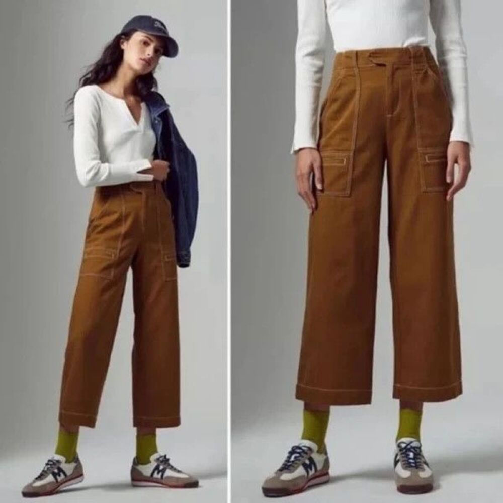 Anthropologie Size 12 Wide Leg Cropped Porter Pants Spicy Mustard Brown